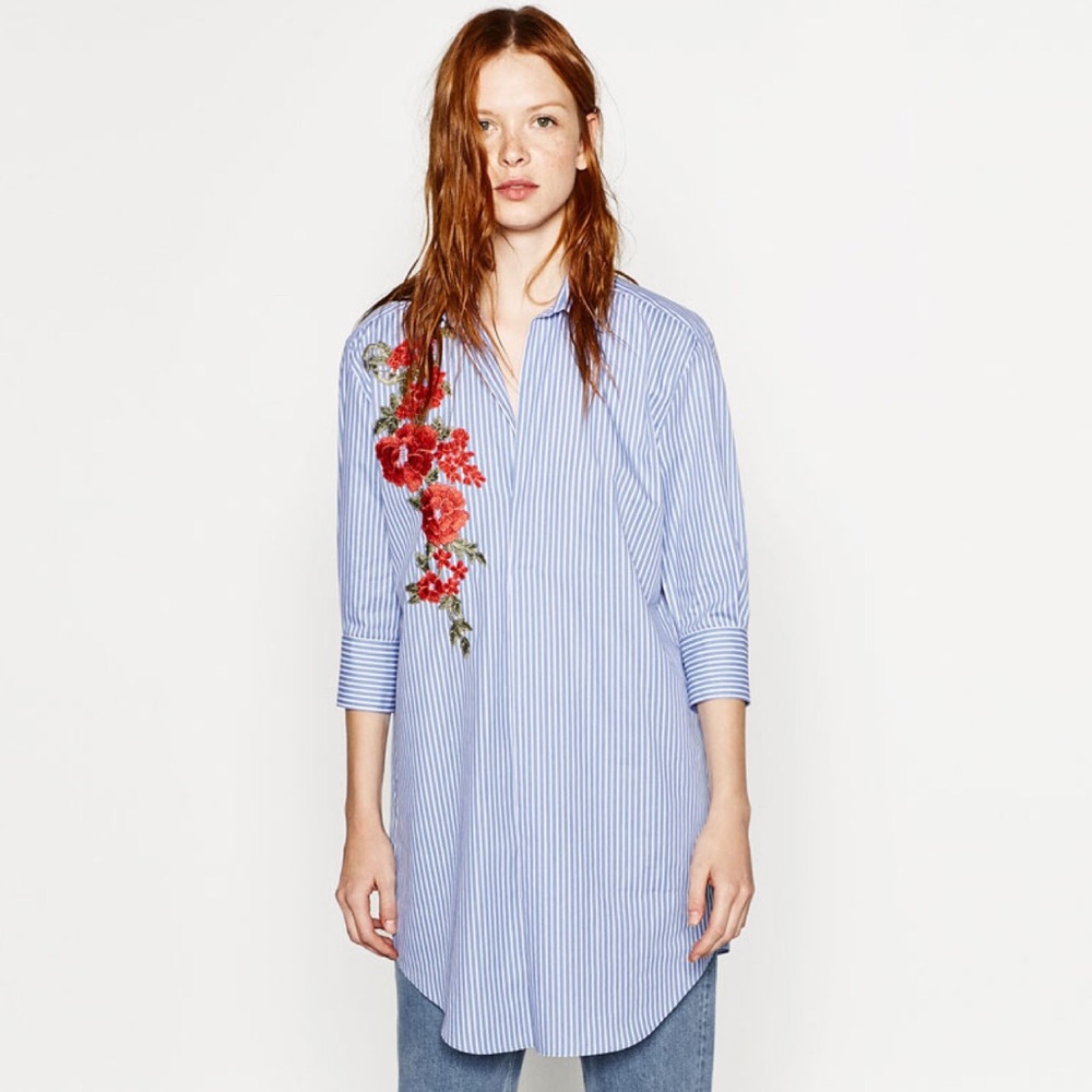 Zara striped shirt dress with floral embroidered